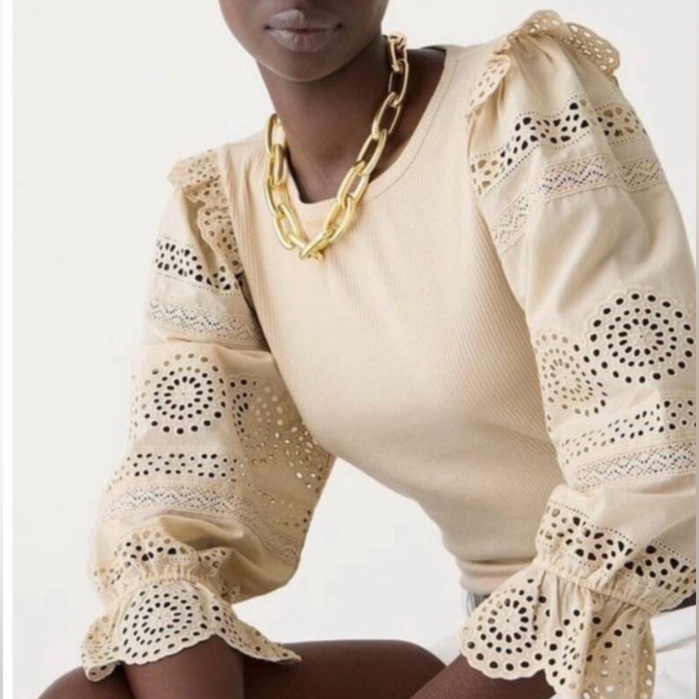 J.Crew Ruffle-trim eyelet top in vintage rib Sz large beige puff sleeve